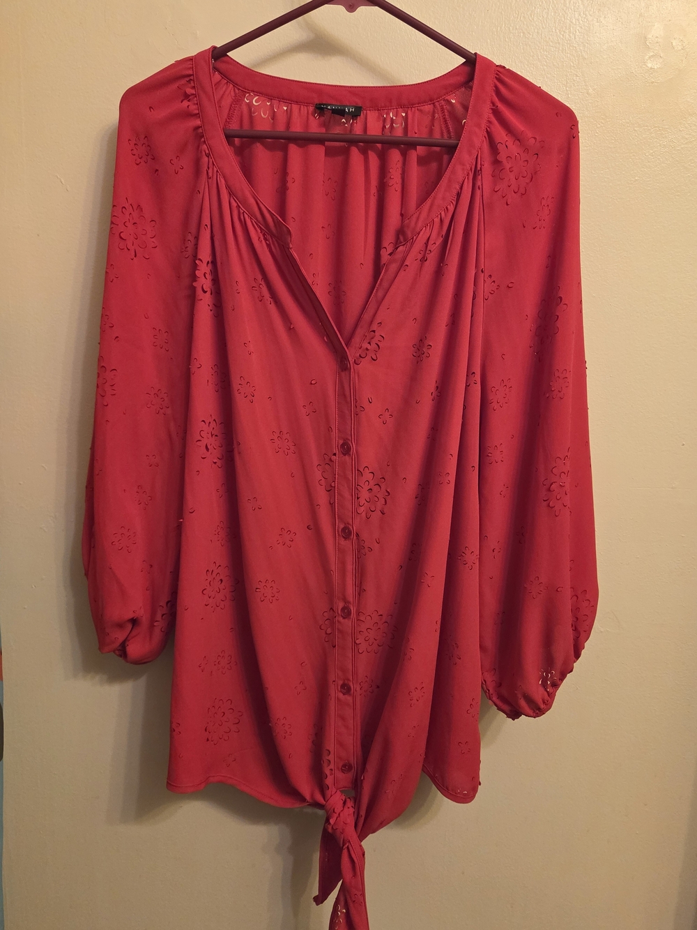 HANNAH Red Floral Eyelet Cutout Tie Front Hem Blouse 2X Boho Chic Button Down